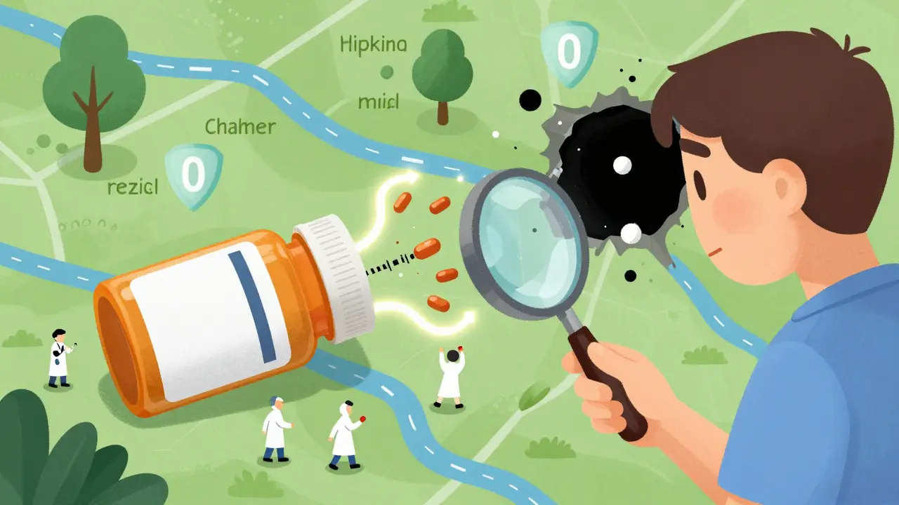 A patient examining a pill bottle label that becomes a living map with a dangerous decimal point as a black hole.