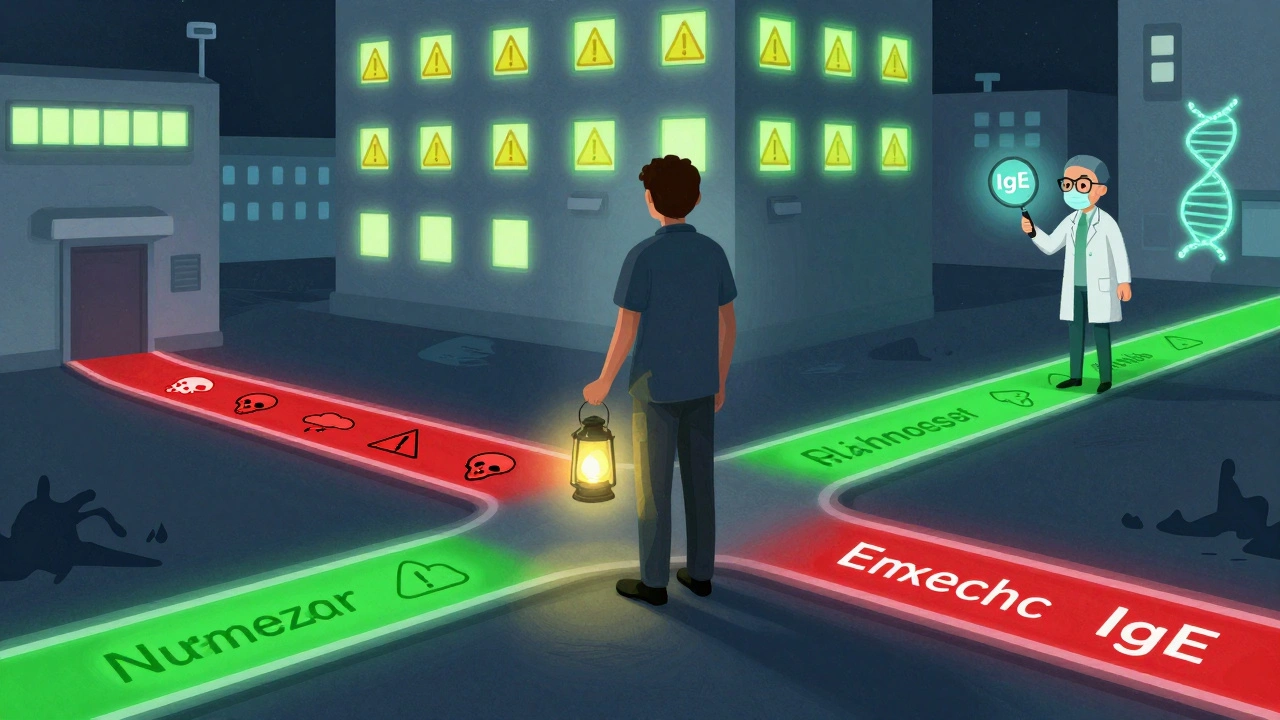 A patient stands at a crossroads of drug pathways, illuminated by a lantern made of their past medical memories.