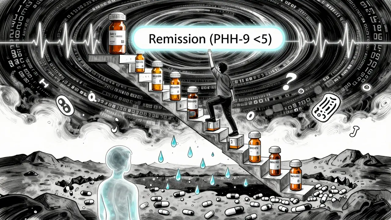 A person climbing a staircase of pill bottles toward a glowing remission threshold, with discarded meds and tear droplets below.