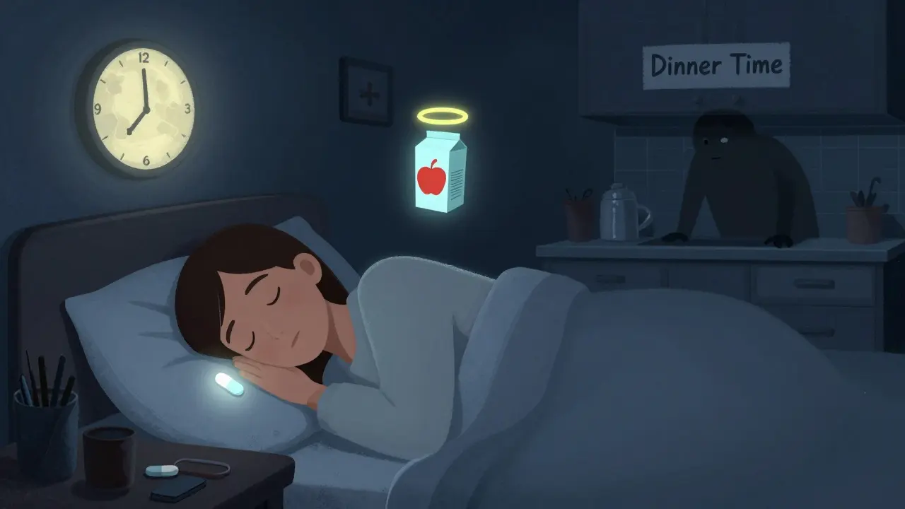 A person sleeping with a pill beside them as iron retreats to dinner time, under a moon-clock showing 4 hours.