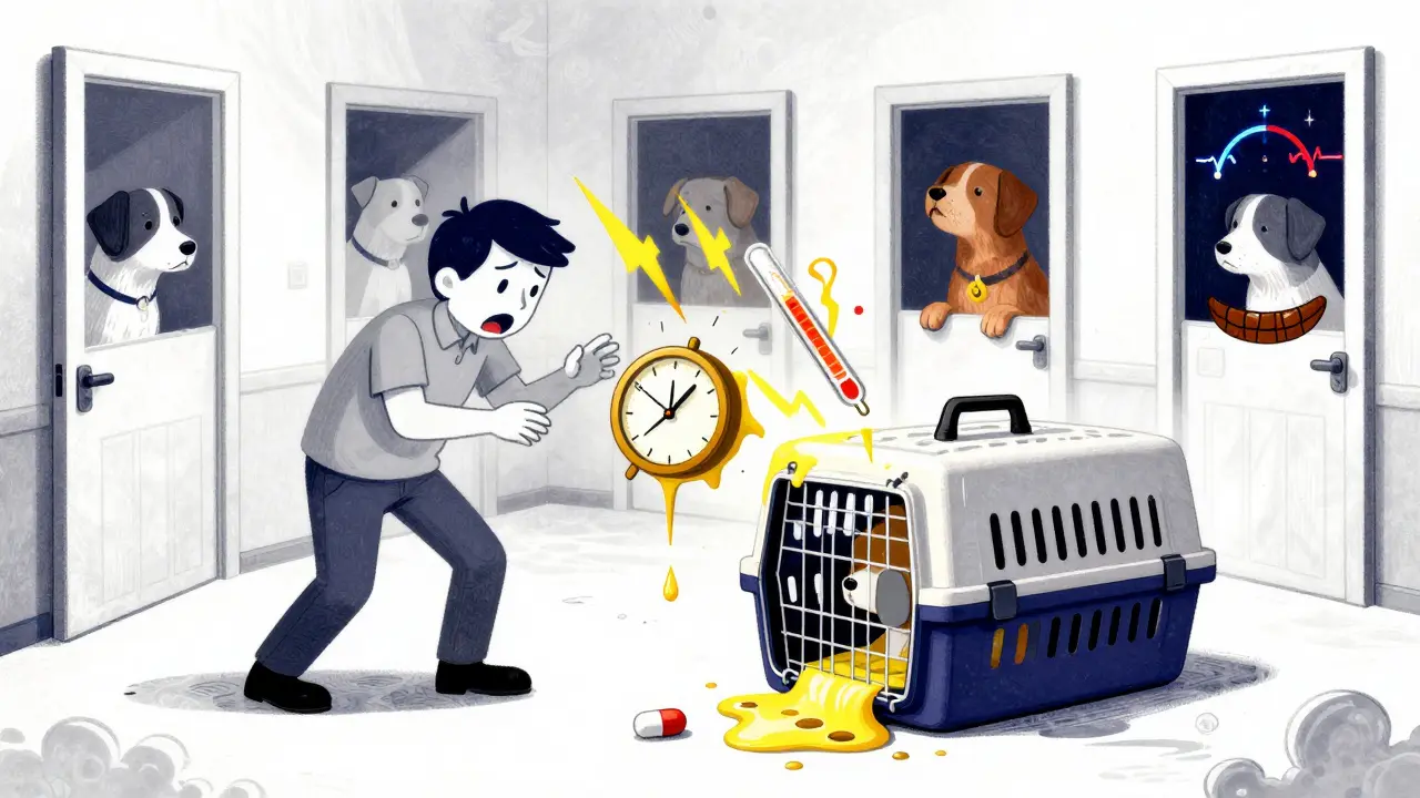 A pet owner freezes as floating symptoms radiate from a single pill on the floor.