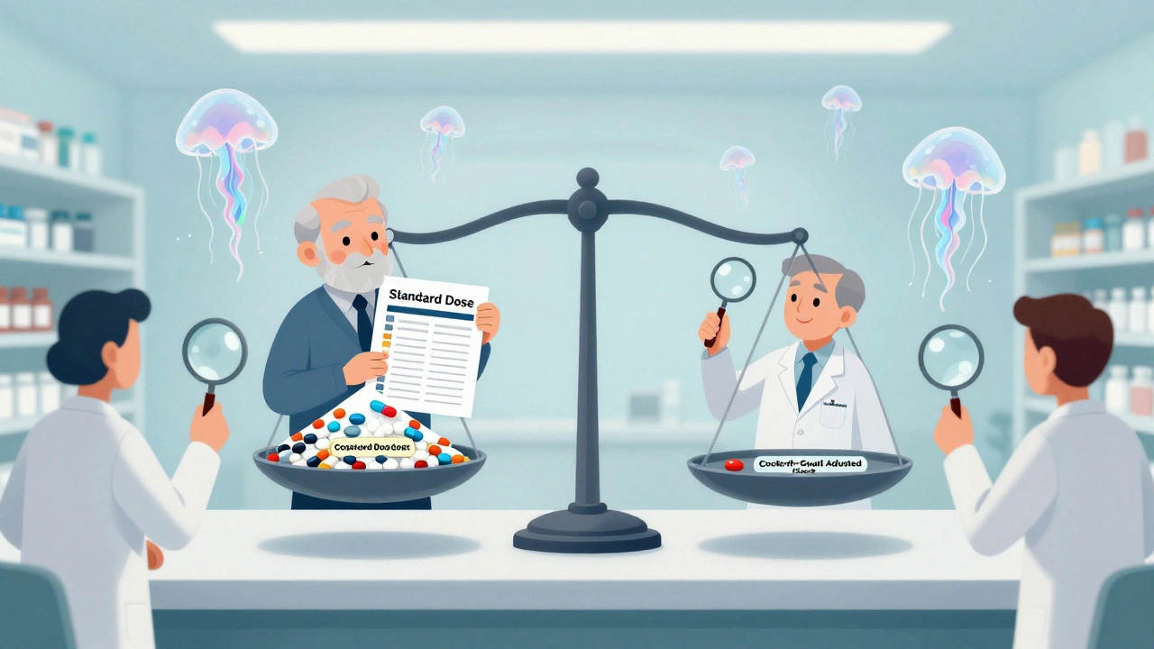 A pharmacy scale balancing standard pills against a tiny adjusted dose, with a senior holding a Beers Criteria checklist.