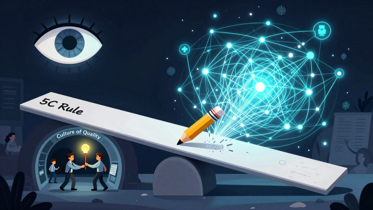 A scale crushing a pencil mark under radiant digital data streams, watched by a regulatory eye and workers passing a quality torch.