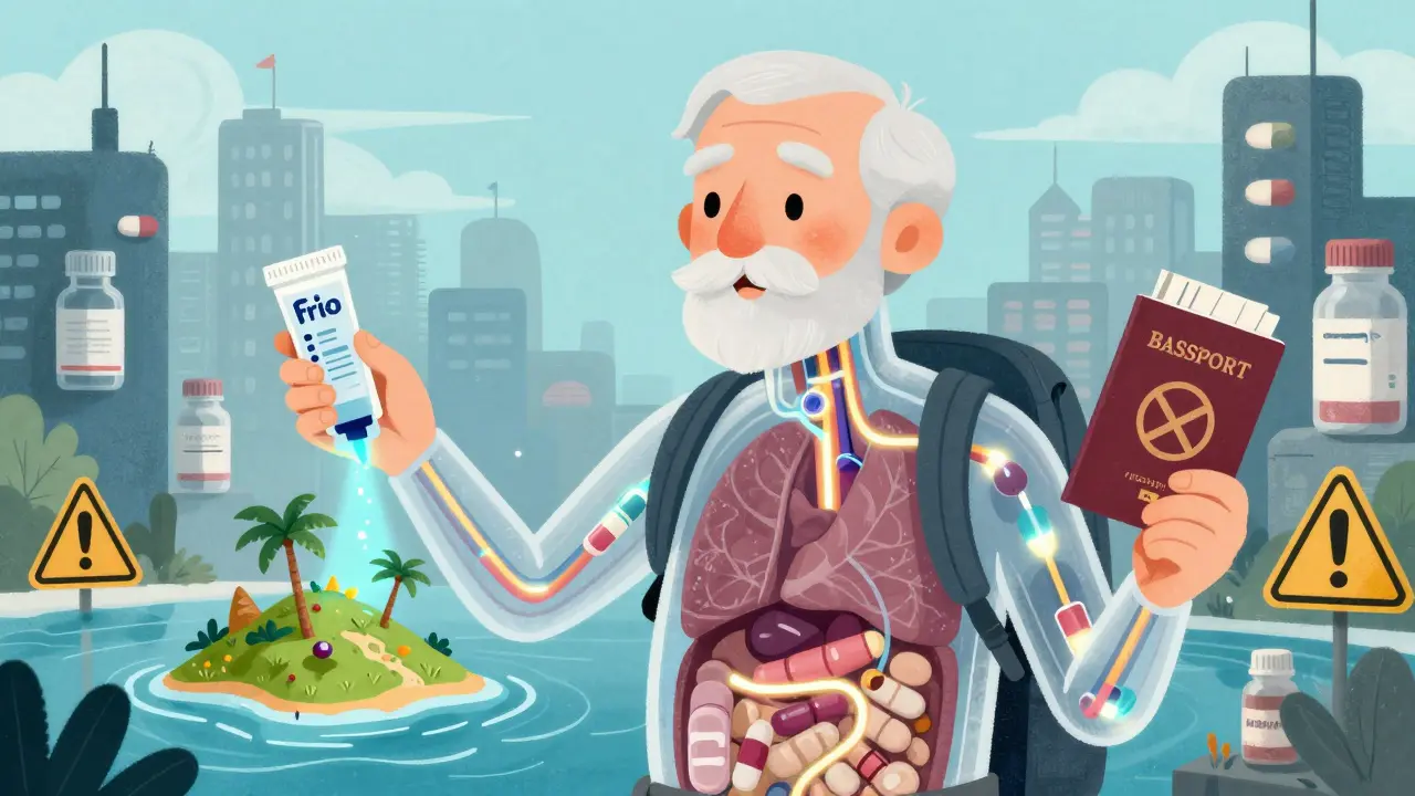 A senior traveler with glowing medication pathways, holding an insulin cooler and a passport with banned drug stamps.