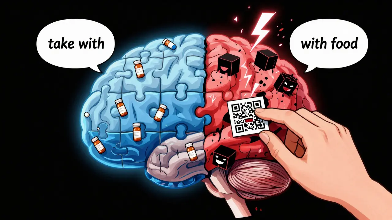 A split human brain showing calm labels on one side and chaotic red/black warnings on the other, with a QR code transforming into a video.