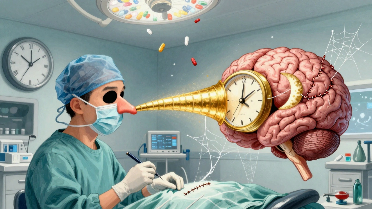 A surreal surgery scene where a nose-tunnel extracts a tumor from a clock-shaped brain, with blind spots being stitched back by spiderwebs.
