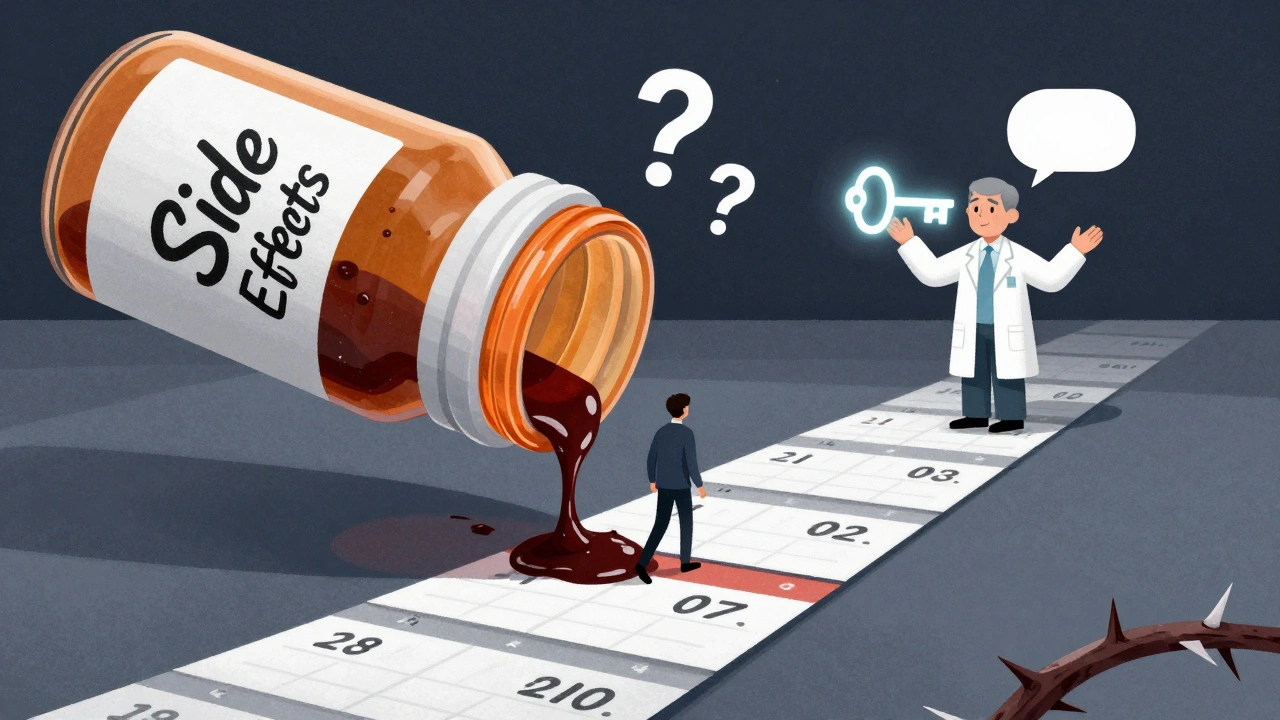 A tiny person walks a path of missed doses under a looming pill bottle dripping thorns, with a pharmacist offering a key.