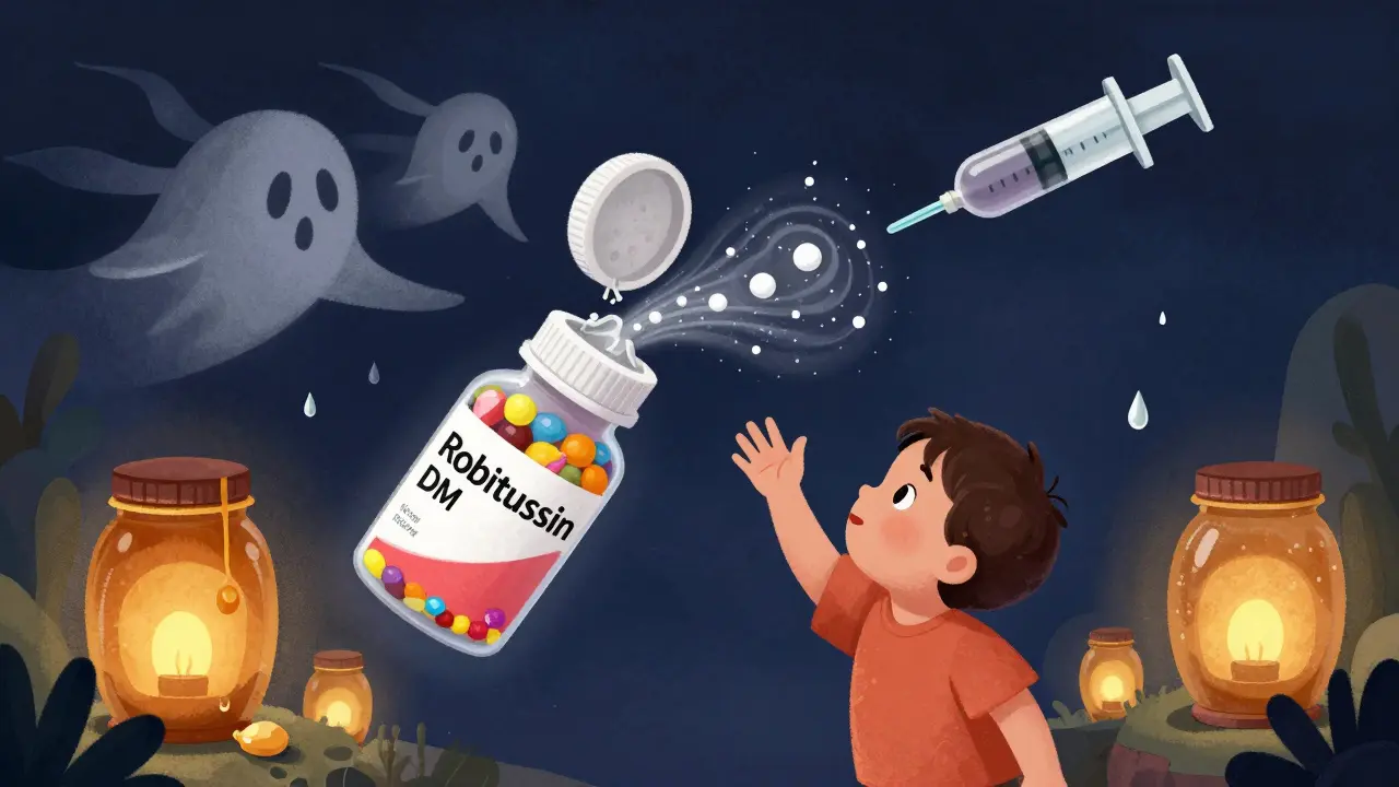 A toddler reaches for a floating medicine bottle that transforms into hallucinogenic cough clouds.