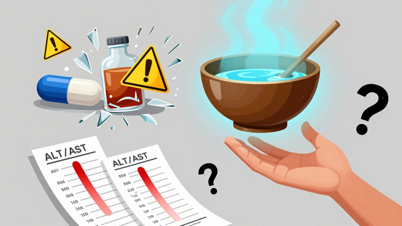 A traditional kava bowl glowing safely beside exploding capsules, medical test results floating nearby.