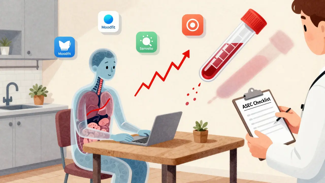 A transparent patient with internal mood graphs and side effect spikes, a doctor's hand holding a checklist, floating mental health app icons in the background.