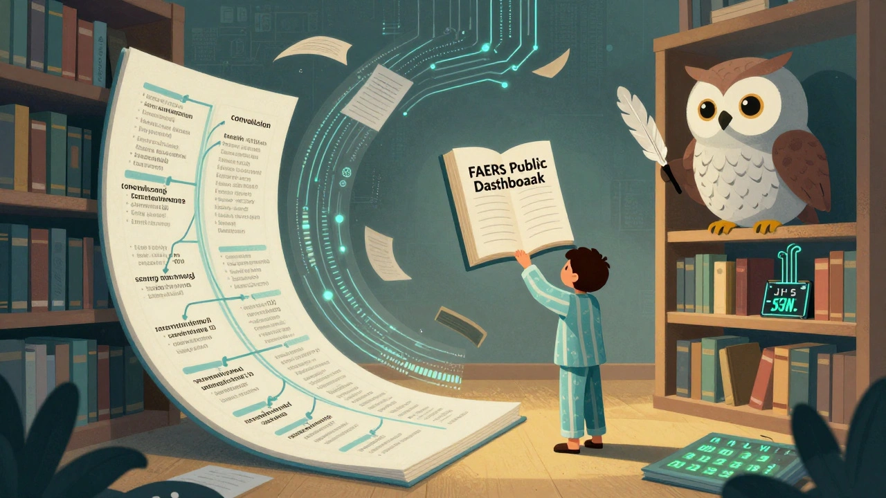 An abstract library of data books and MedDRA codes, with a patient reaching for the FAERS dashboard.