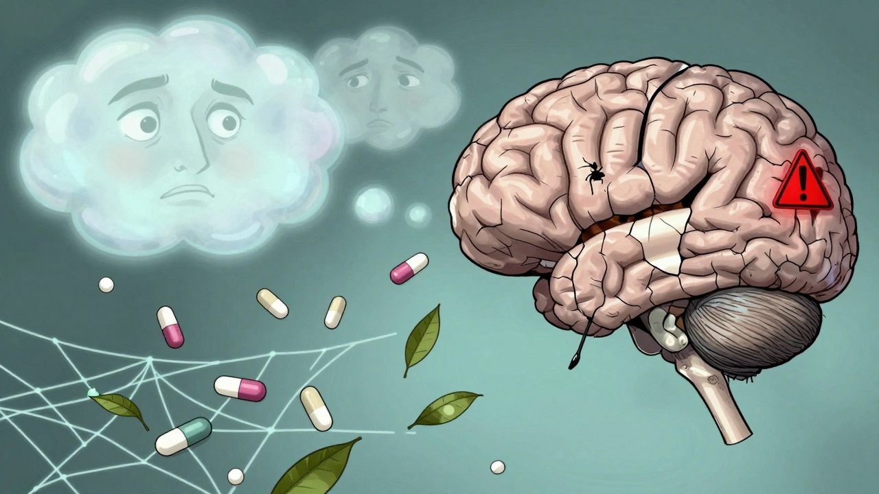 An aging brain with floating confused thought bubbles, rain of sedatives, and glowing anticholinergic warning signs.