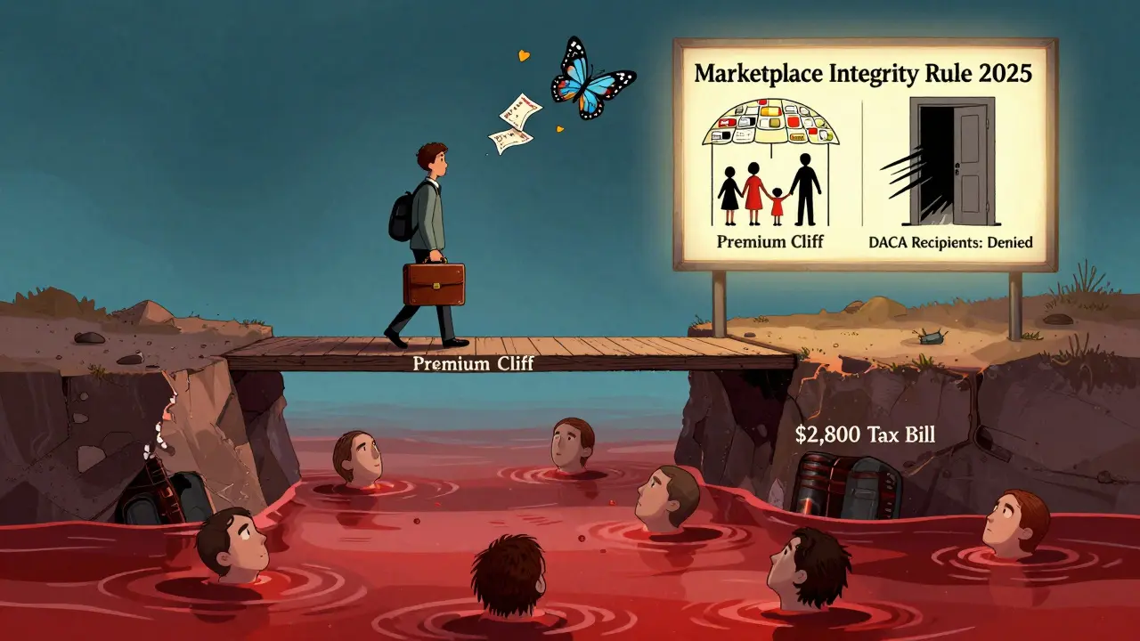 Freelancer on a bridge over a chasm of red ink bills, with a sign labeled 'Marketplace Integrity Rule 2025' above.