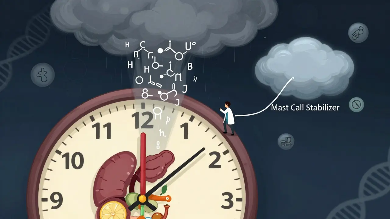 Human organ clock with triggers turning hands, a storm cloud calmed by a stabilizer thread connecting to DNA.
