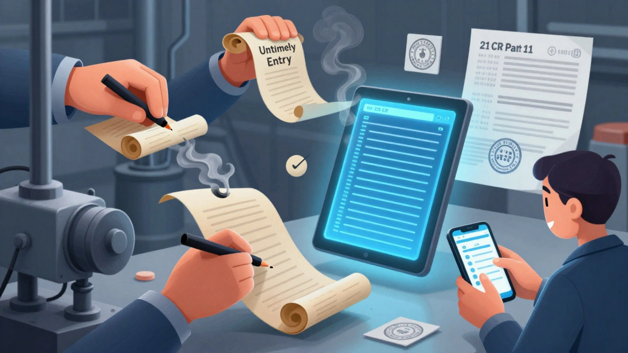 Machines with human hands write on floating scrolls, while a glowing tablet displays a perfect digital audit trail.