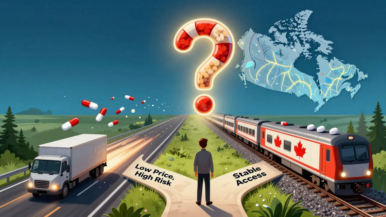 Patient at crossroads: fast U.S. highway of pills vs. steady Canadian train, with pill bottle question mark above.