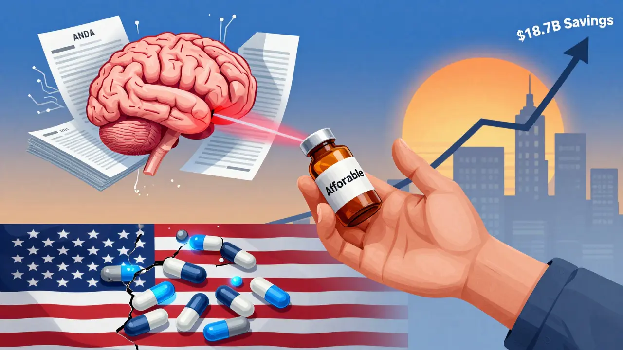 Patient reaching for medicine as AI analyzes files, U.S. pill flag glows, and savings graph rises.
