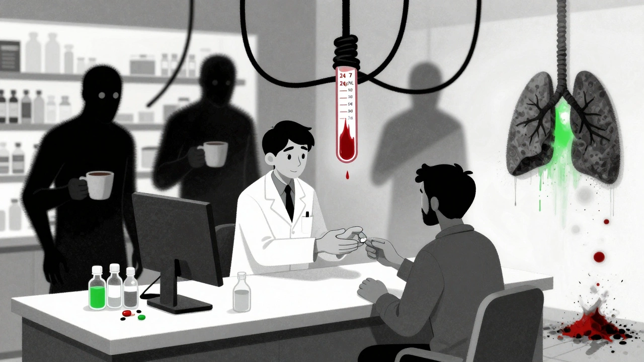 Pharmacy scene with shadowy drug figures casting noose-like shadows over a rising blood test reading of toxic theophylline levels.