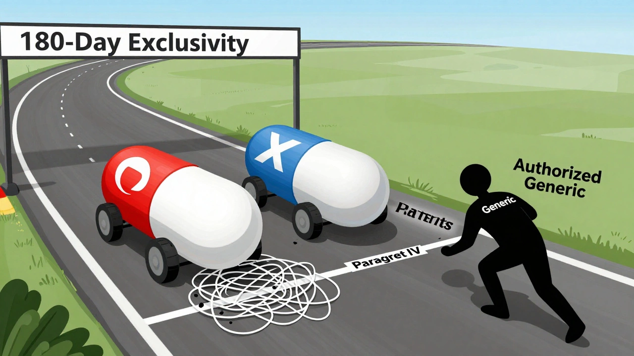 Pill racers compete on a track; the first generic wins as patents trip the brand and an authorized generic sneaks in.