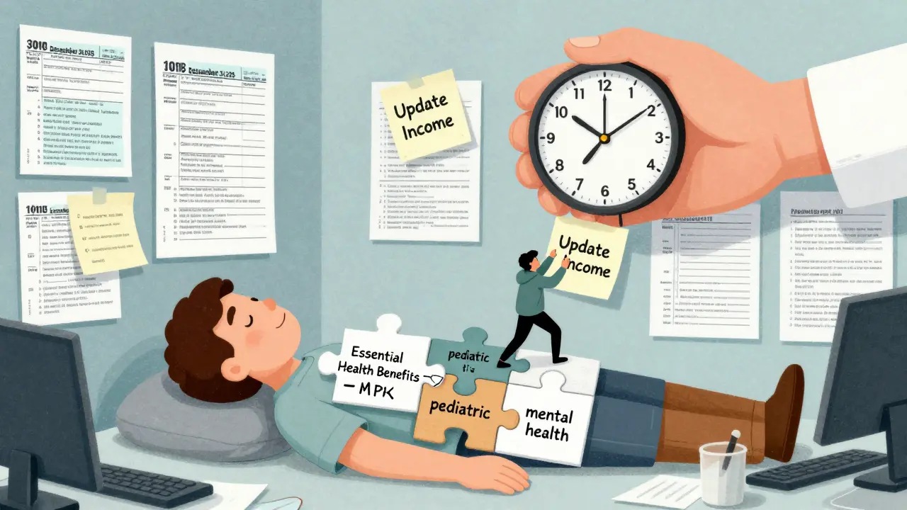 Surreal doctor’s office with walls of tax forms and a patient’s body missing essential health benefit puzzle pieces.