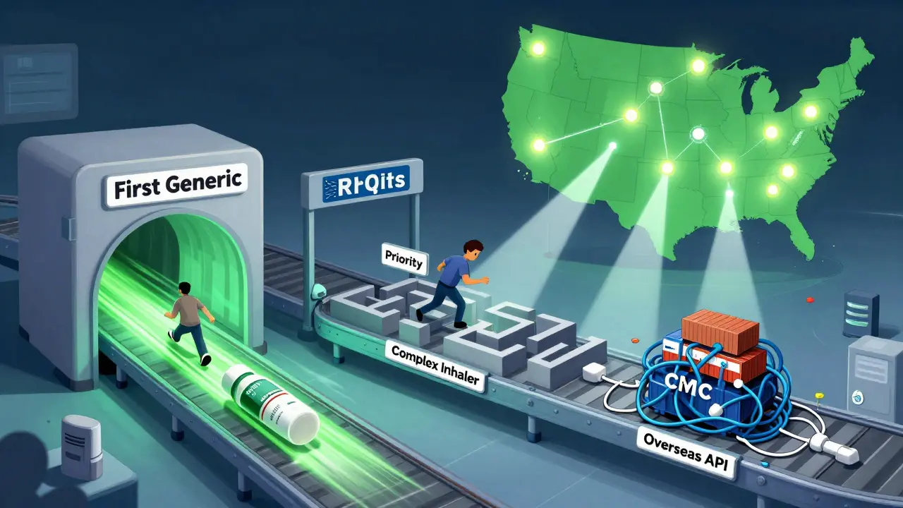 Surreal FDA inspection station with three drug application conveyor belts under different review paths.