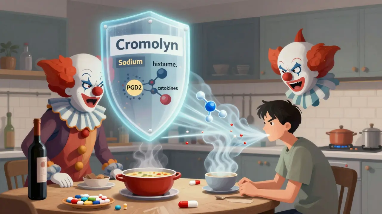 Surreal kitchen scene with food triggers as clowns, blocked by a glowing shield labeled 'Cromolyn Sodium'.