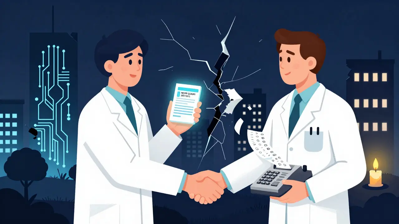 Two pharmacists bridging a digital divide—one with electronic data, the other with a crumbling fax machine.