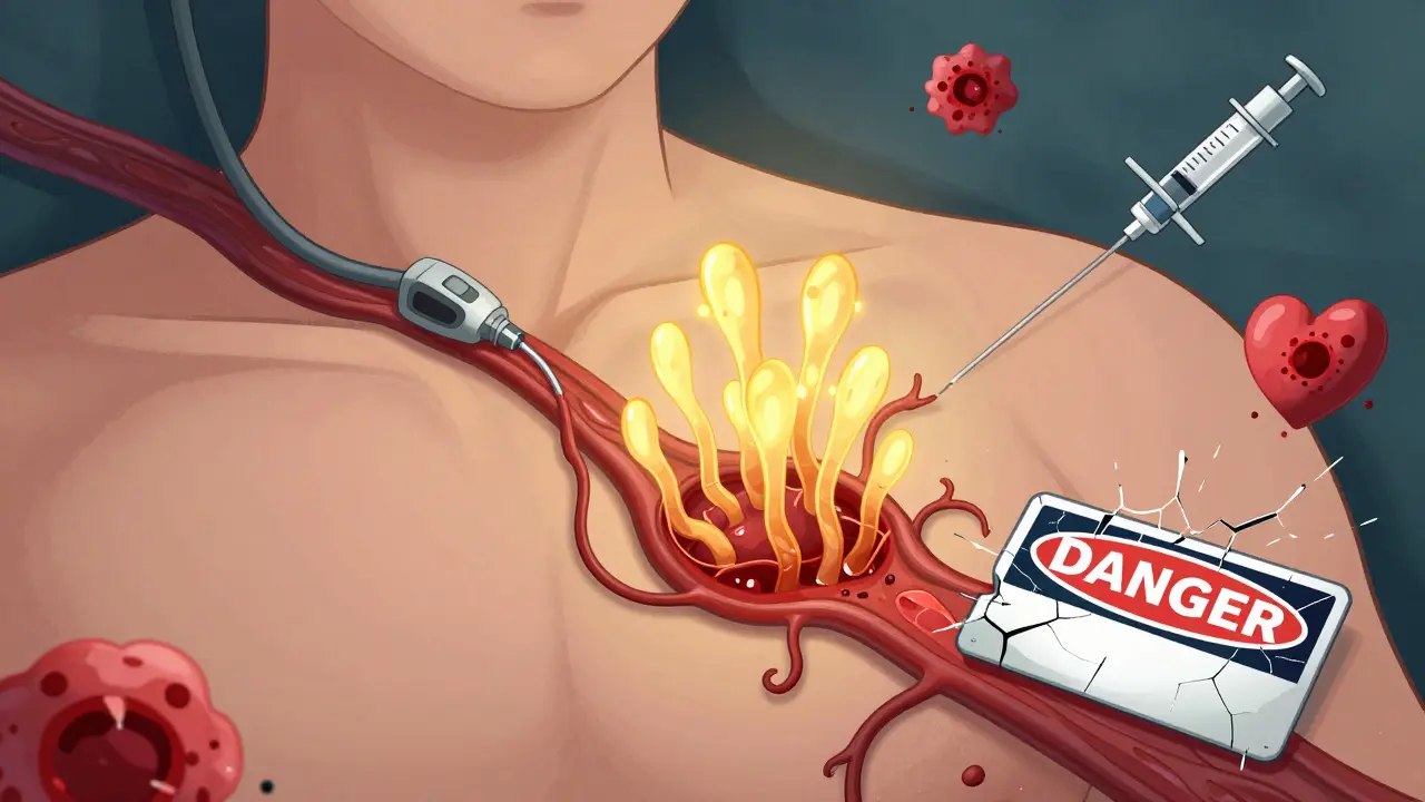 A central line infected by glowing yeast vines in a bloodstream, surrounded by medical warning symbols.