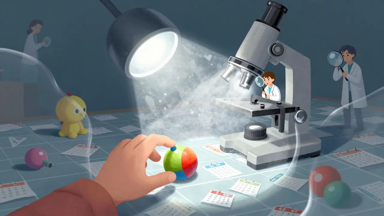 A child’s view distorted by a jelly-like lens, with ghost images and fading colors under a glowing slit-lamp.