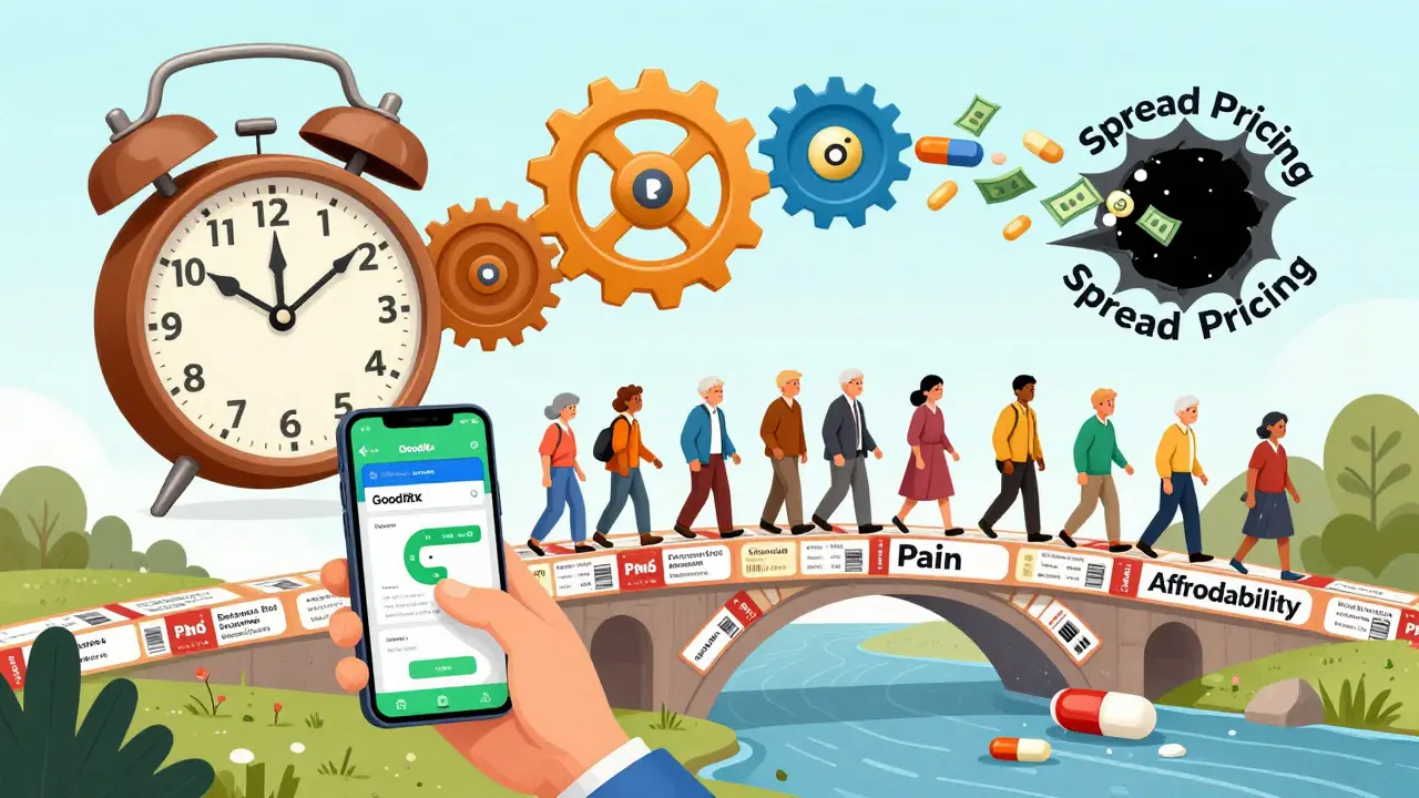 A clock made of pill bottles ticks toward 2026 as discount coupons form a bridge to affordability over a river of wasted money.