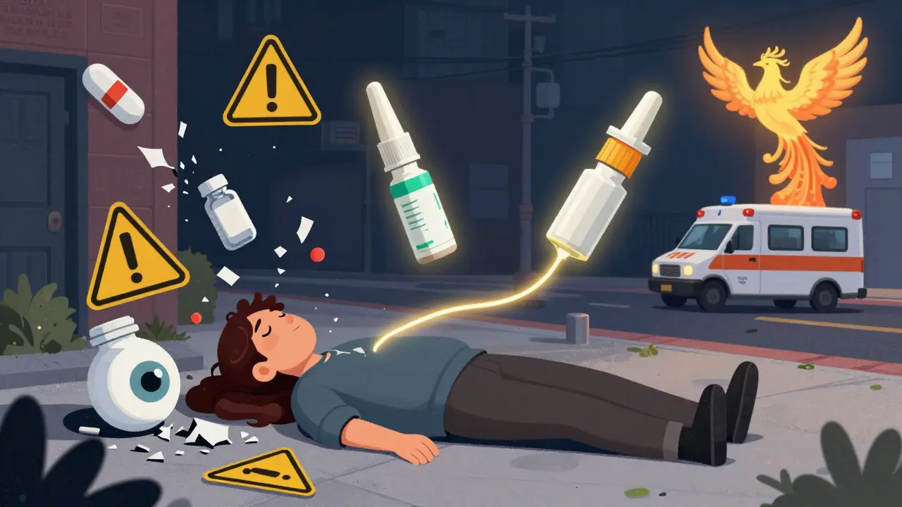 A collapsed person surrounded by overdose symbols, with two glowing nasal sprays floating above as a phoenix ambulance rises.