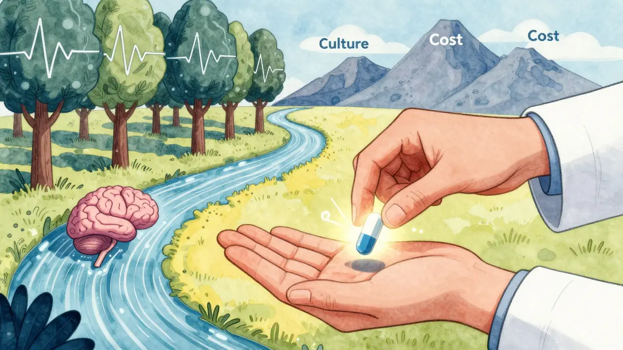A doctor gives a glowing generic pill to a patient, while a surreal landscape of pill trees and a brain-shaped lake unfolds behind them.