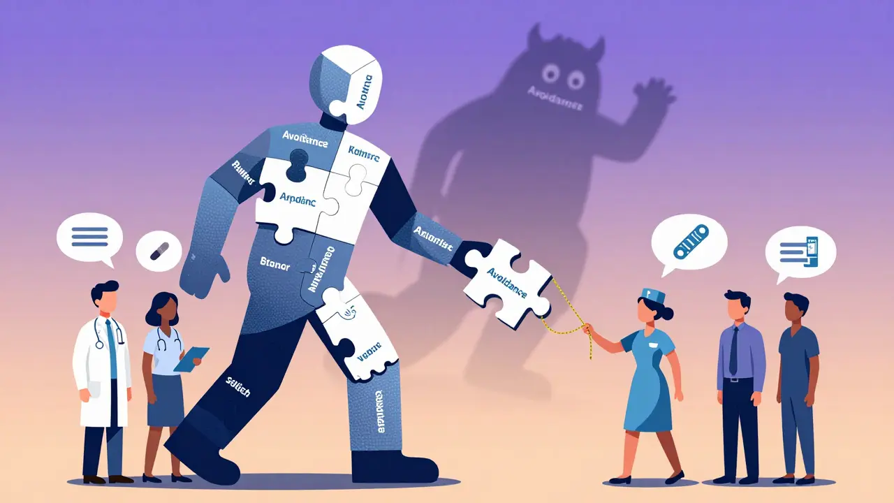 A fragmented human figure is repaired by a healthcare team using conversation ropes and financial aid icons.