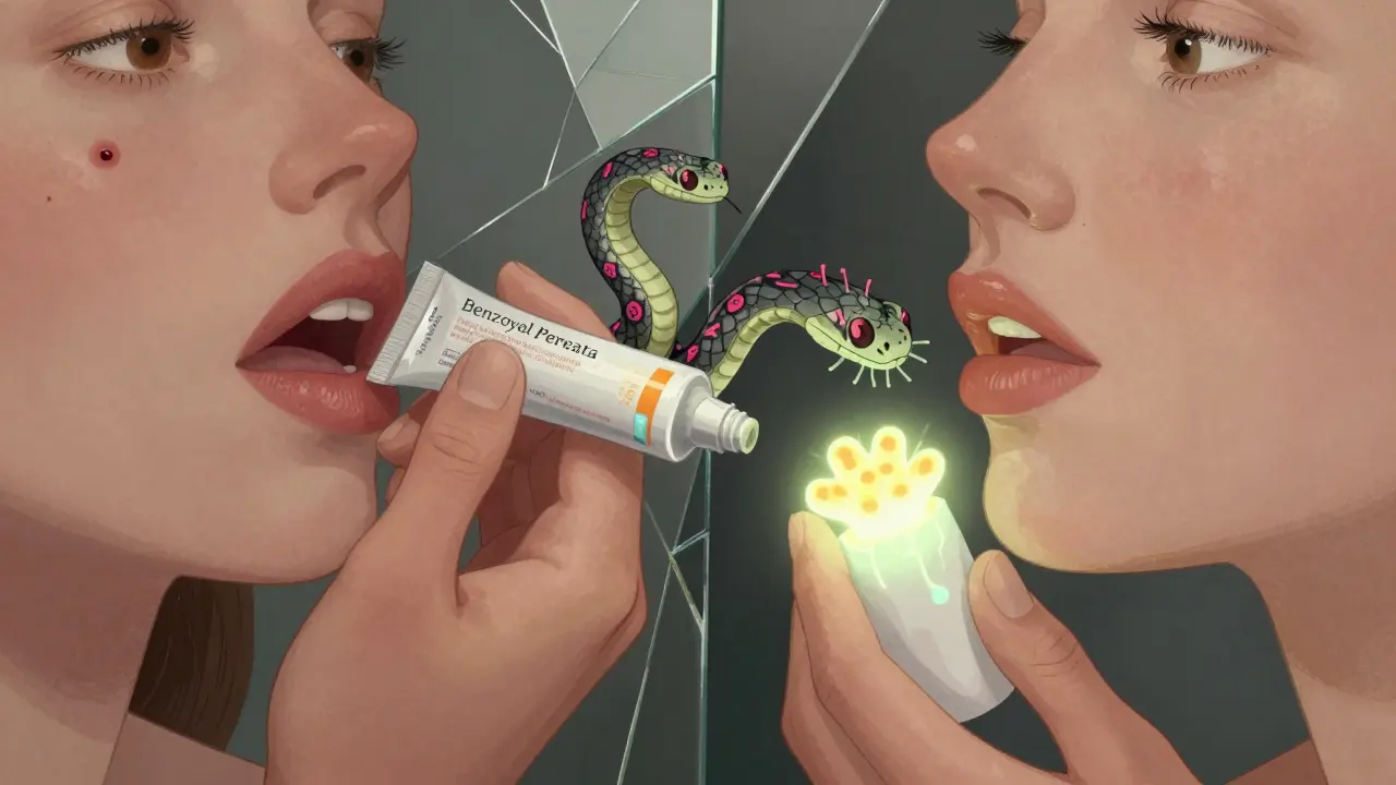 A hand applying acne cream as it turns into a viral serpent, contrasting with healing floral treatment.