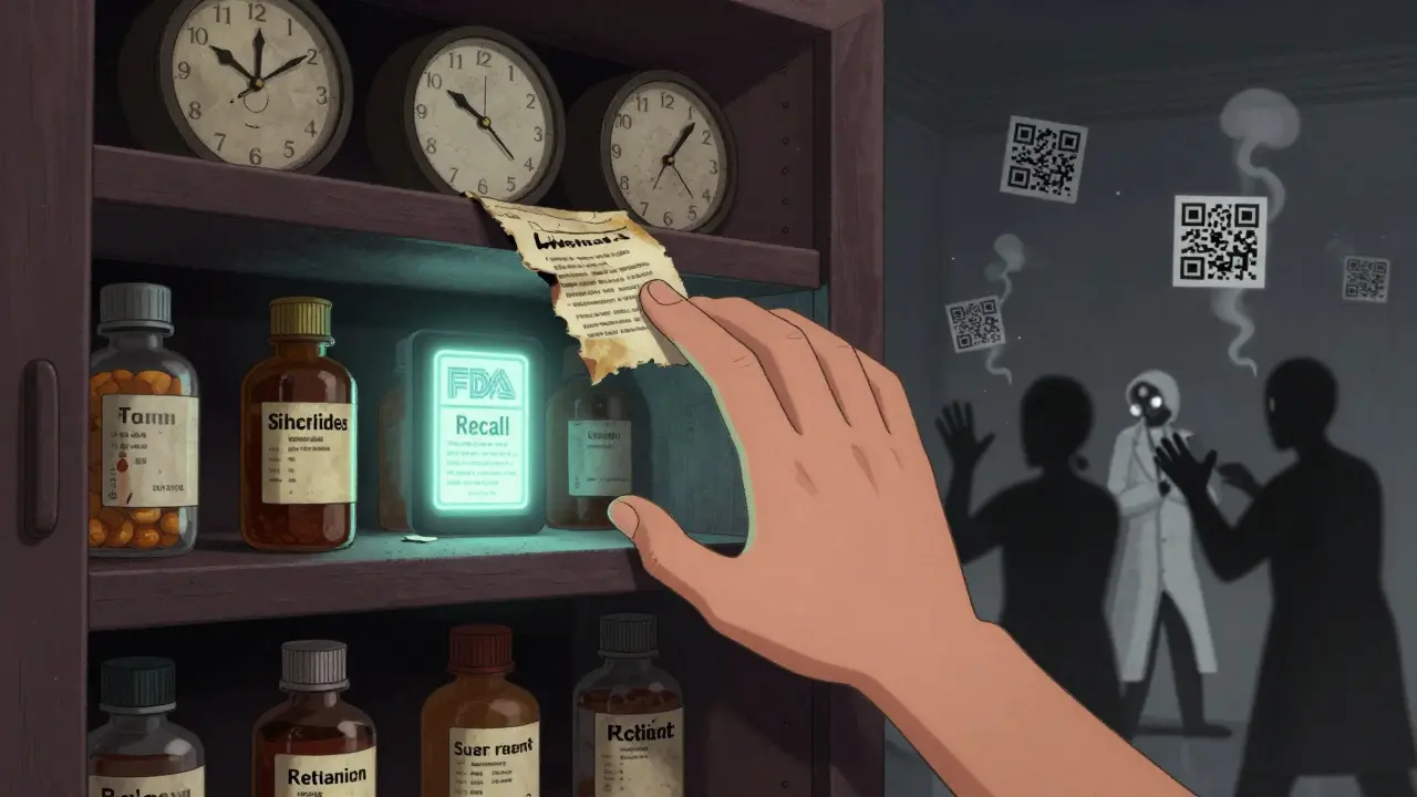 A hand reaching into a cupboard of crumbling clock-shelves, revealing a glowing FDA recall alert.