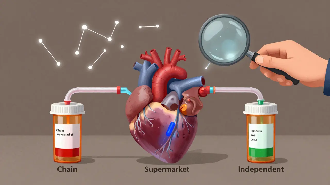 A heart made of pills connected to three pharmacies pumping different colored liquids.