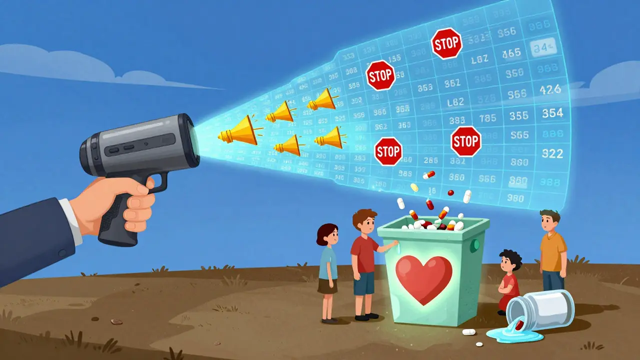 A holographic scanner projects warning sirens from lot numbers onto a giant recall database in the sky.