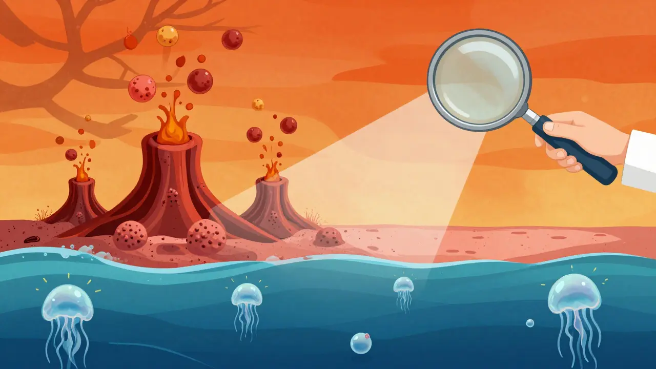 A lip shoreline with blister jellyfish and acne volcanoes under a sunburnt sky, separated by a doctor's light beam.
