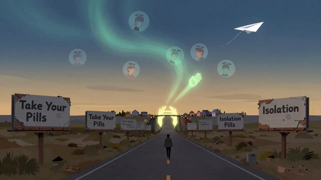 A lonely figure walking toward a bridge of hands in a rural landscape under glowing circles of support.