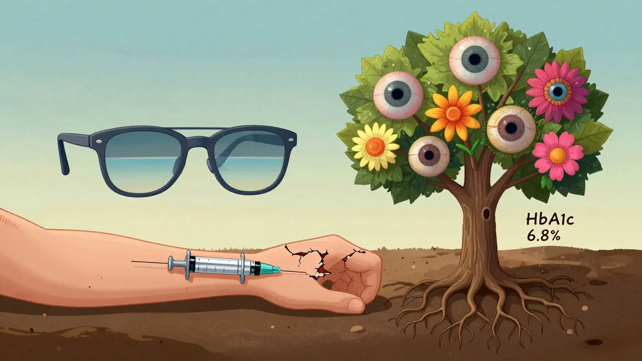 A patient's arm becomes a tree with insulin roots and laser-treated retinas as leaves, symbolizing diabetes control.
