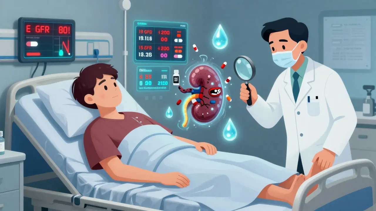 A patient's body as a digital dashboard with toxic medications slithering toward the kidneys, guarded by a pharmacist.