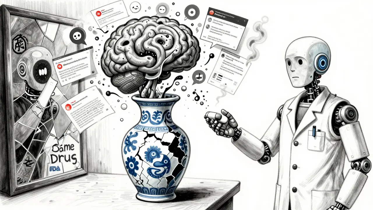 A patient's mind is a cracked vase filled with emotions, as a generic pill reflects their face amid floating social media and regulatory symbols.