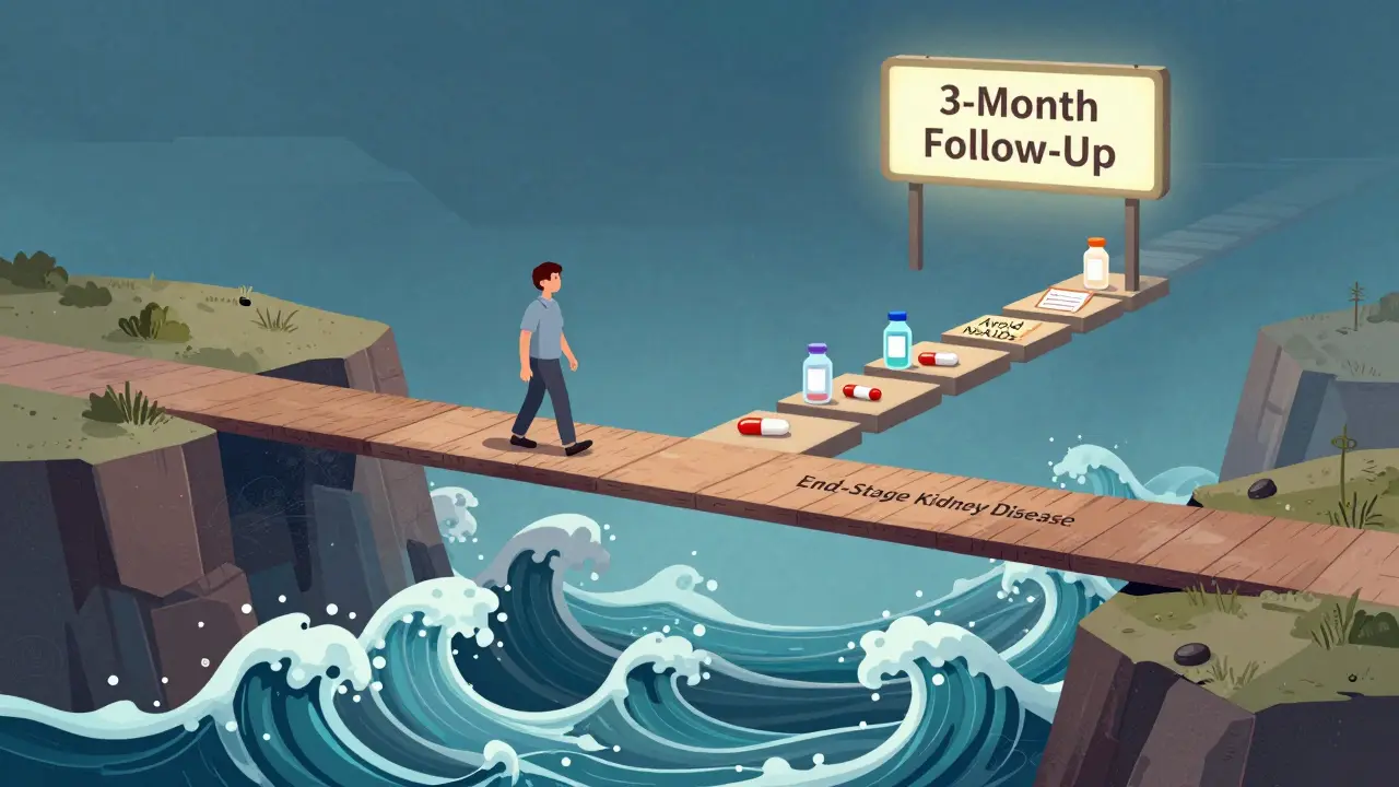 A patient crossing a fragile bridge over a creatinine chasm, guided by hydration and safe meds toward follow-up.