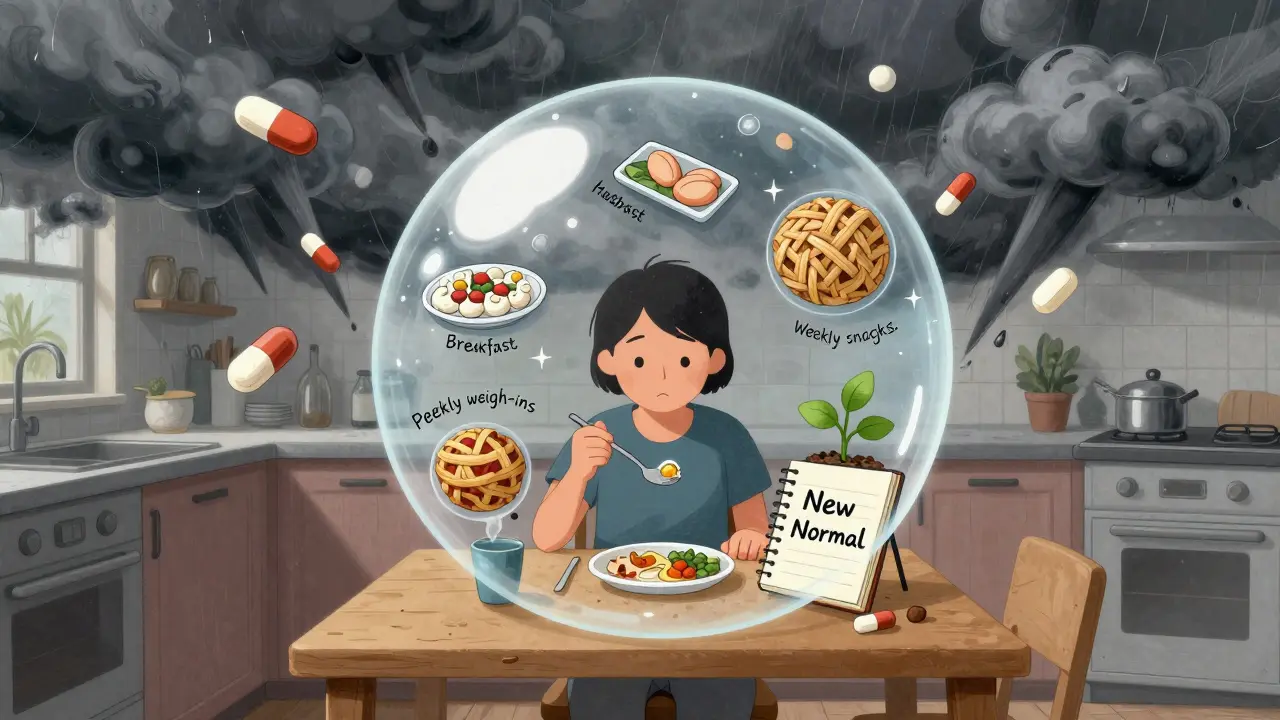 A person eating calmly inside a habit-shaped bubble, while chaos of bingeing and stress swirls outside.