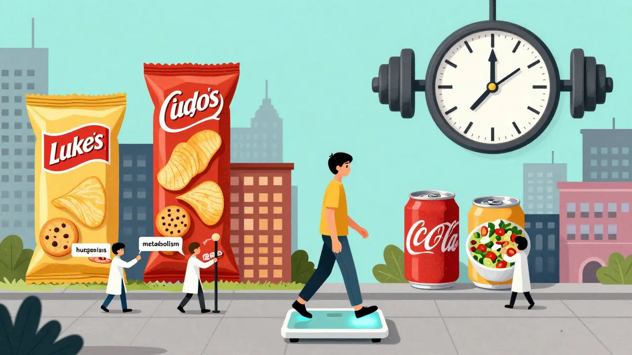 A person walking through a city made of snack foods, with daily habits glowing beneath their feet.