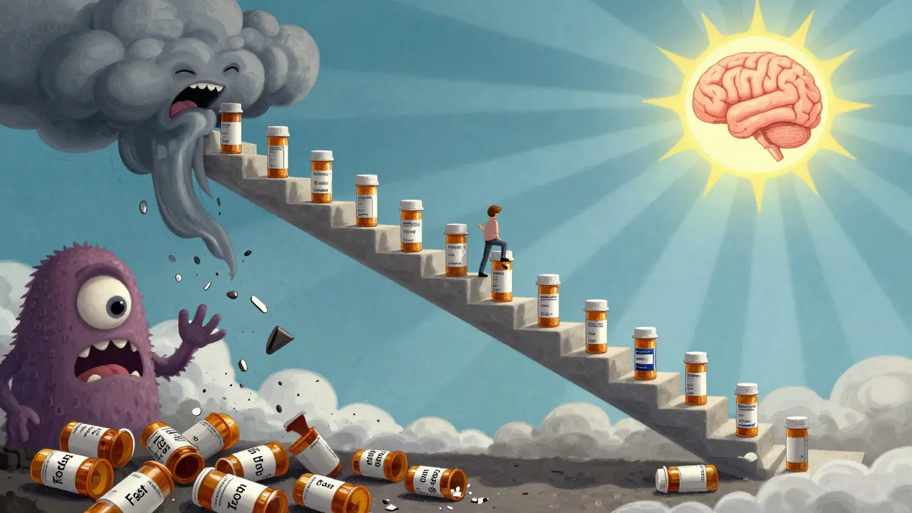 A staircase of prescription bottles ascending into the sky, with a climber overcoming crumbling side effect monsters in abstract surreal style.