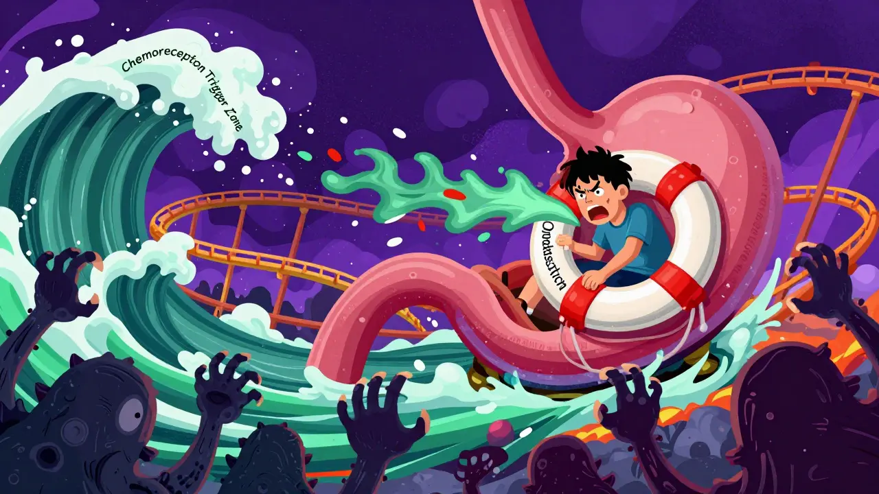 A stormy stomach carnival ride with vomiting waves and a person clinging to an anti-nausea preserver amid monstrous shapes.