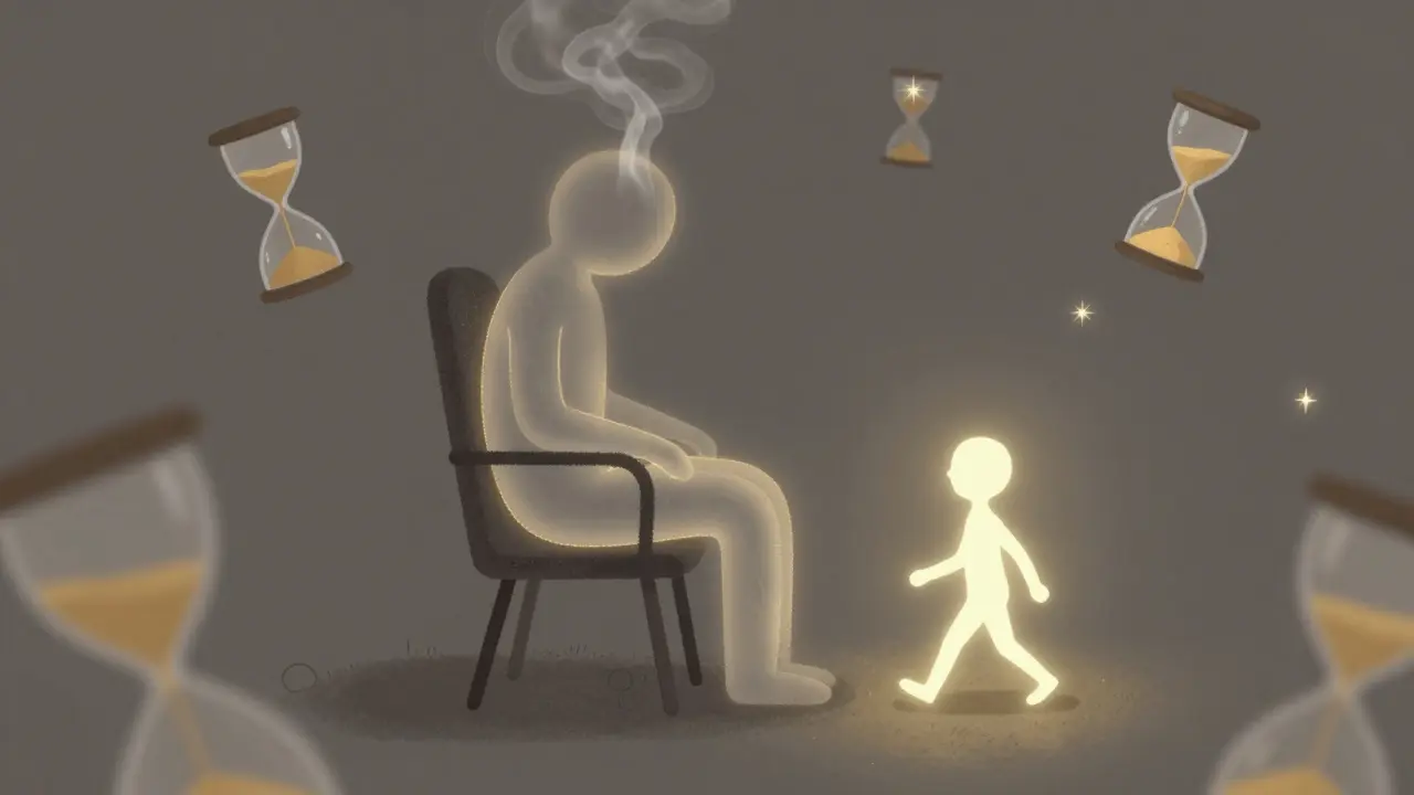 A tired figure accompanied by a glowing walking form, surrounded by hourglasses turning sand into energy sparks, symbolizing fatigue and movement.