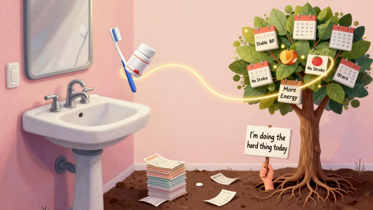 A toothbrush and pill bottle float above a sink, connected to a tree of health outcomes with roots in prescription receipts.