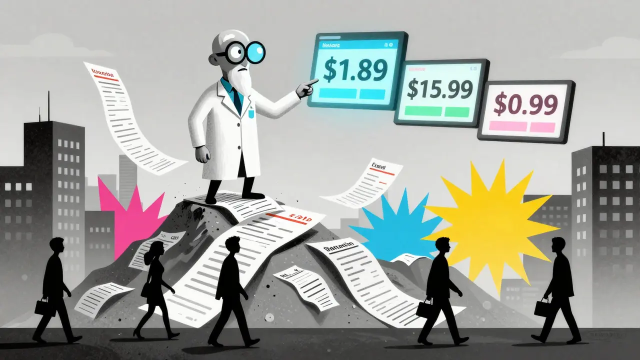 A wise pharmacist on a mountain of receipts pointing to floating price tags for medication.